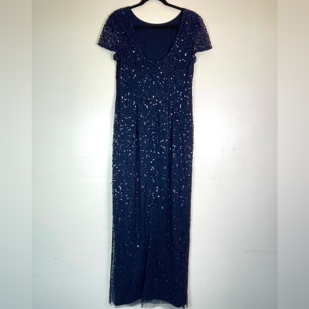 ADRIANNA PAPELL Womens Sequined Long Evening Dress Navy Size 12 | Short Sleeve